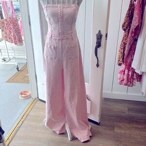 WIDE LEG MINERAL WASH TUBE TOP DENIM JUMPSUIT. SIZE:MEDIUM COLOR:ROSE. NEW
